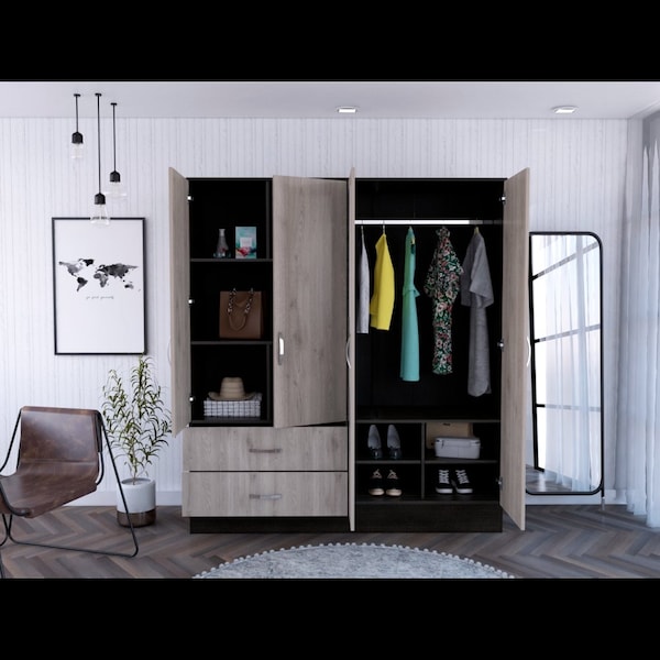Tuhome Bolton 160 Armoire, 6 Shelves, 2 Door Cabinets, 2 Mirrors, 2 Drawers, Rod, Black/Light Gray CWZ5951 - main